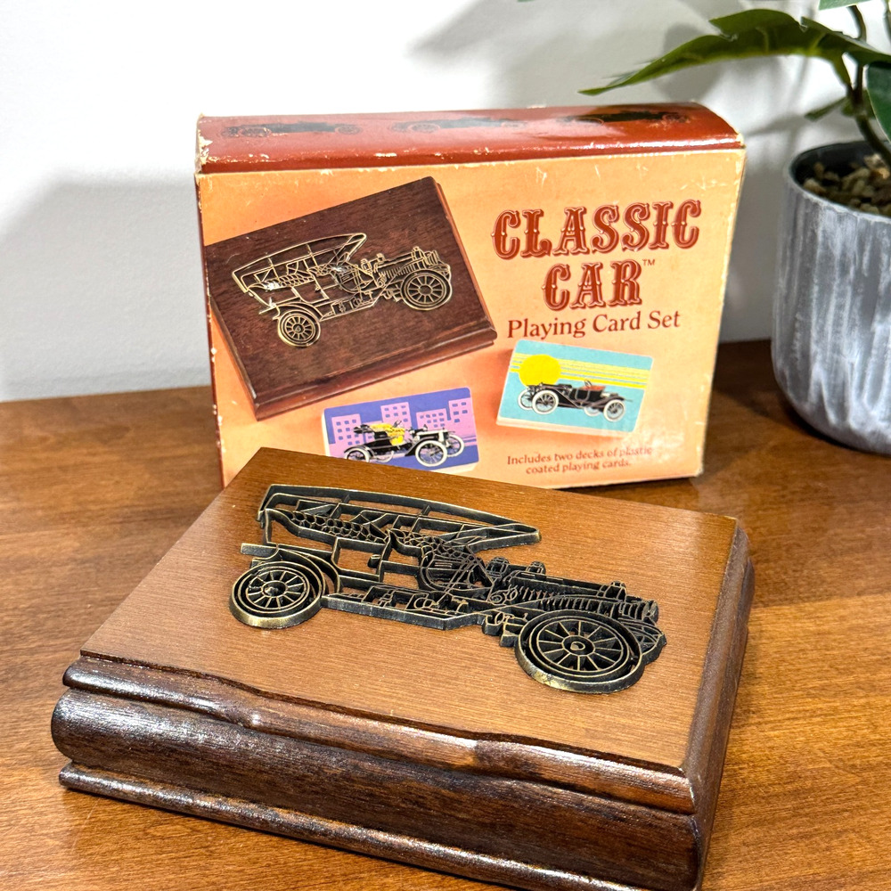 Vintage Classic Car Playing Card Set of 2 Wooden Storage Box 1985 Taiwan